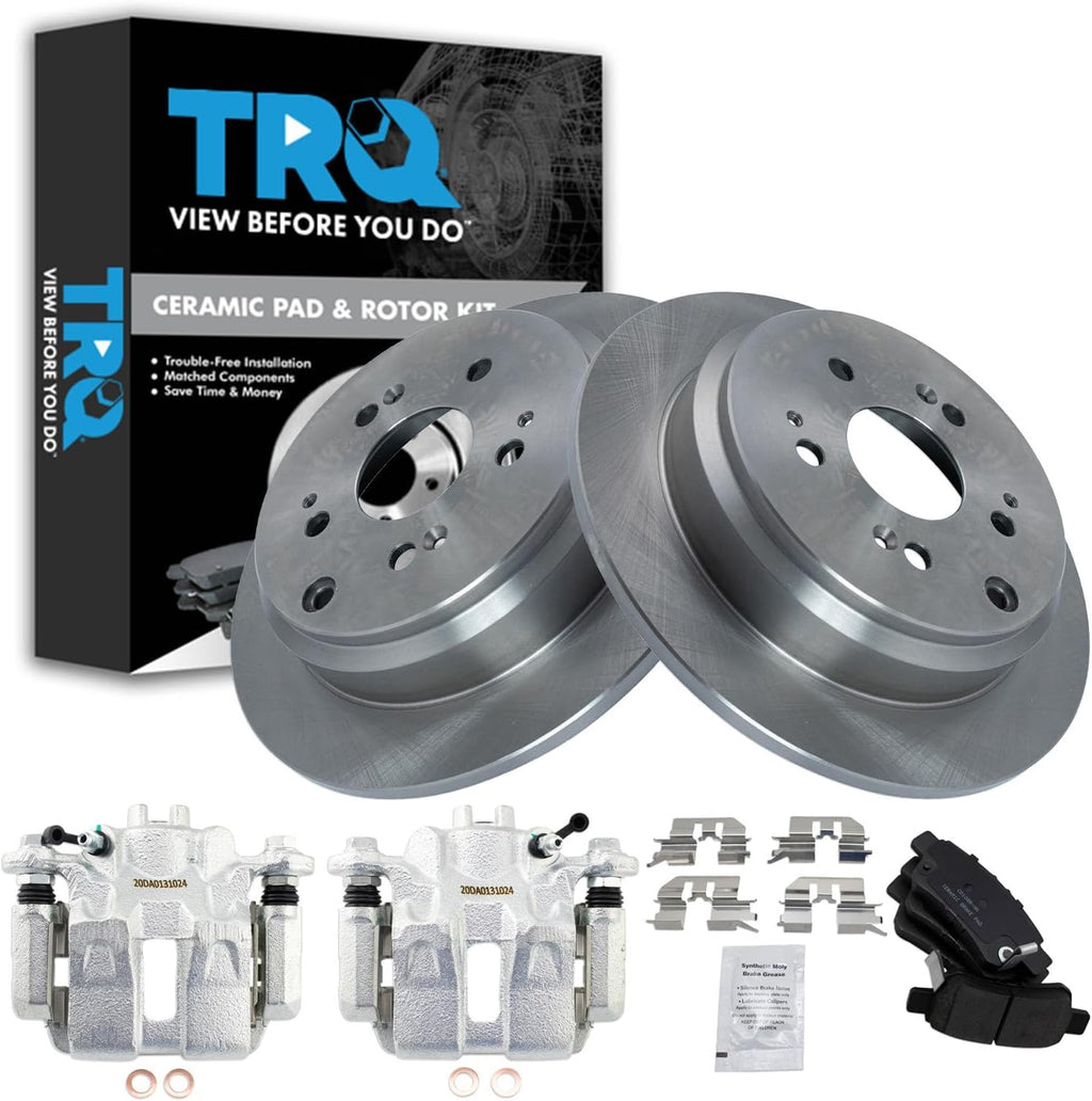 TRQ Rear Brake Pad and Rotor Set Ceramic Solid Rotors Calipers Compatible with 2005-2010 Honda Odyssey