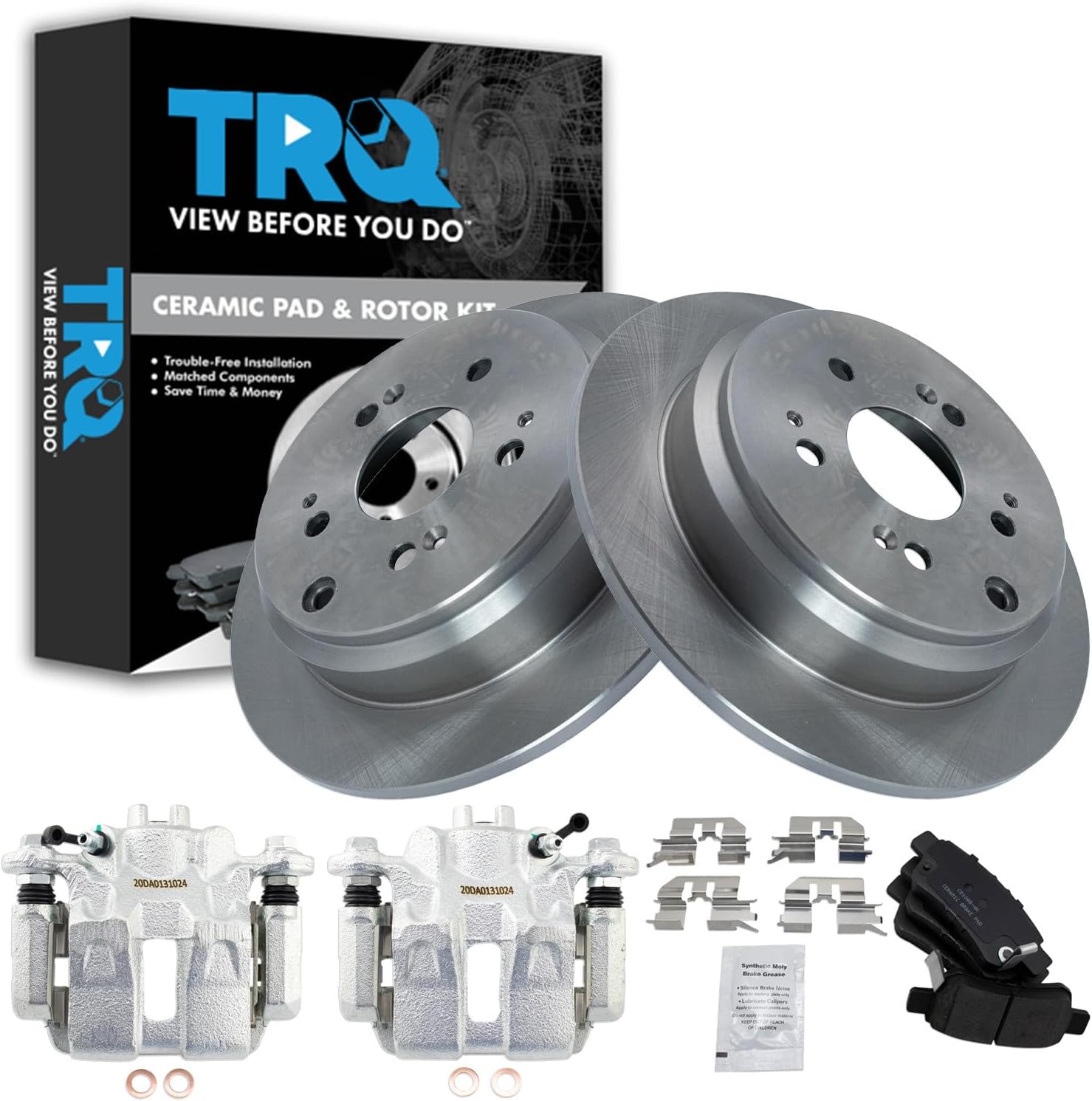 TRQ Rear Brake Pad and Rotor Set Ceramic Solid Rotors Calipers Compatible with 2005-2010 Honda Odyssey