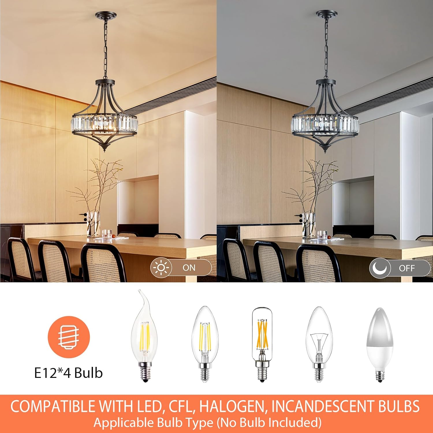 Black Crystal Chandeliers for Dining Room, Round Rustic Farmhouse Chandelier with Metal Shade 4-Light Modern Pendant Lighting for Hallway, Bedroom, Foyer