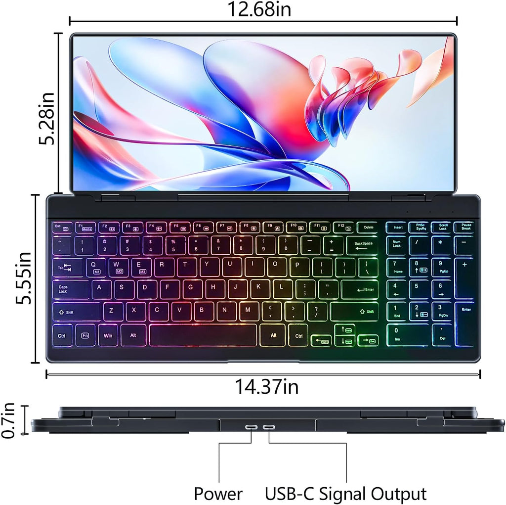 Portable Touchscreen Monitor with Silent Keyboard 12.8-inch Ultra-Slim Stretched Bar Screen Folding FHD 120% sRGB, USB-A/C Compatible Screen for Computers, Laptops, Mini PCs, Console