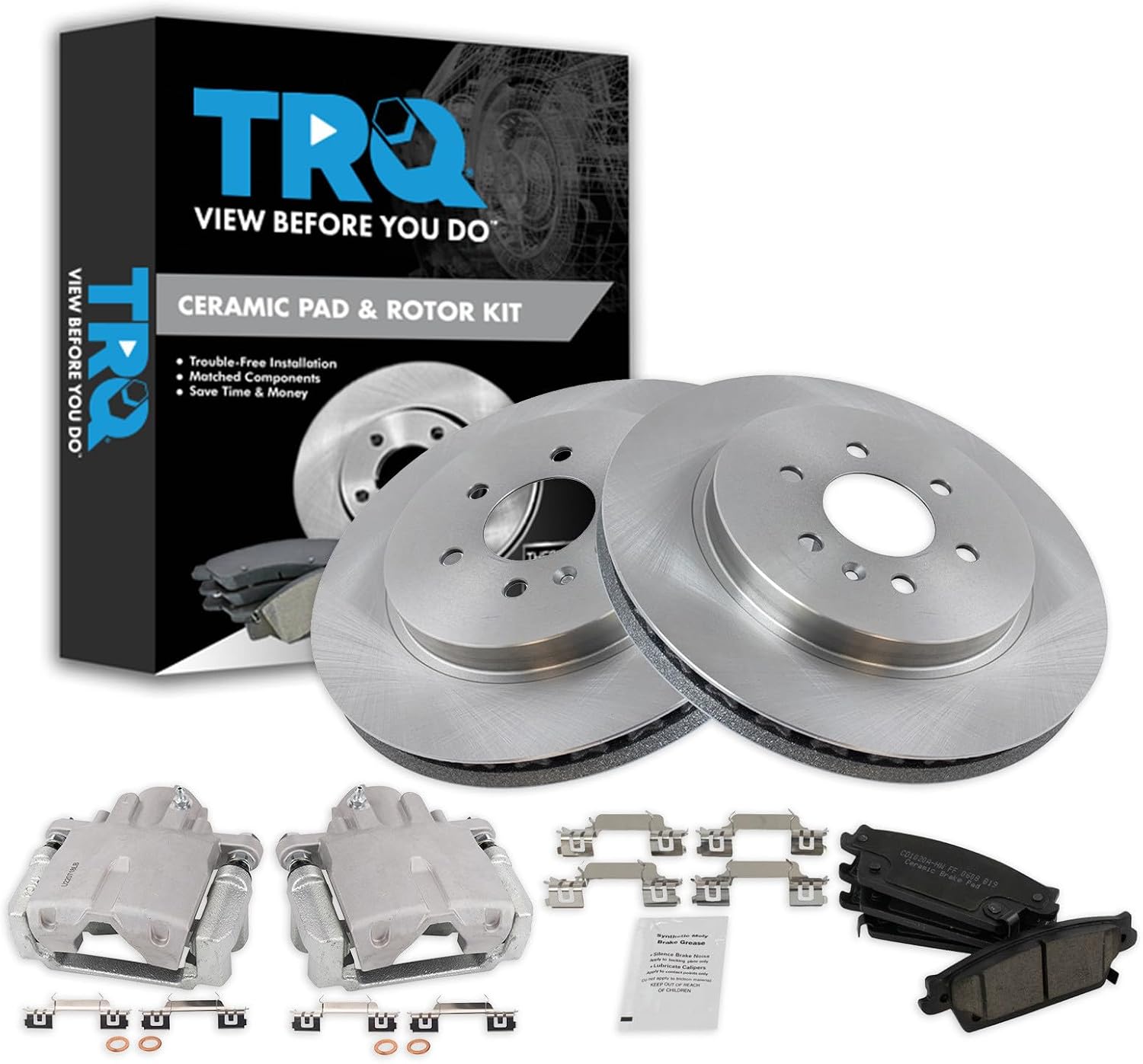 TRQ Rear Brake Pad and Rotor Set Ceramic Vented Rotors Calipers Compatible with 2004-2009 Cadillac SRX