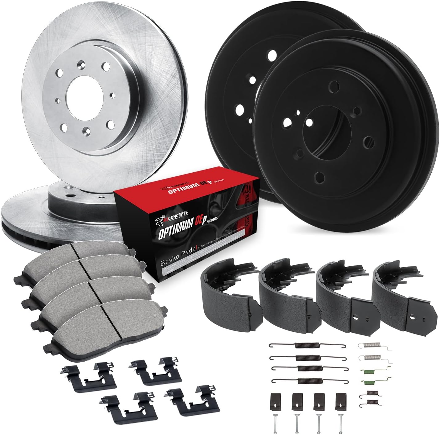 R1 Concepts Front and Rear Brake Kit Fits 2011-2019 Ford Fiesta| Optimum Oep Pads, Blank Rotors| Hardware, Drum, Shoes