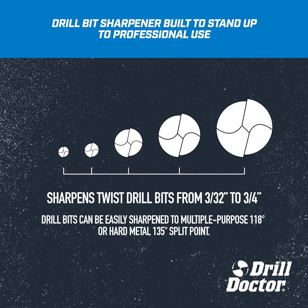 Drill Doctor DD750X Electric Drill Bit Sharpener, 3/32-3/4' High-Speed, Portable - Steel, Masonry, Carbide, Cobalt, Tin-Coated Bits, Adjustable Angles