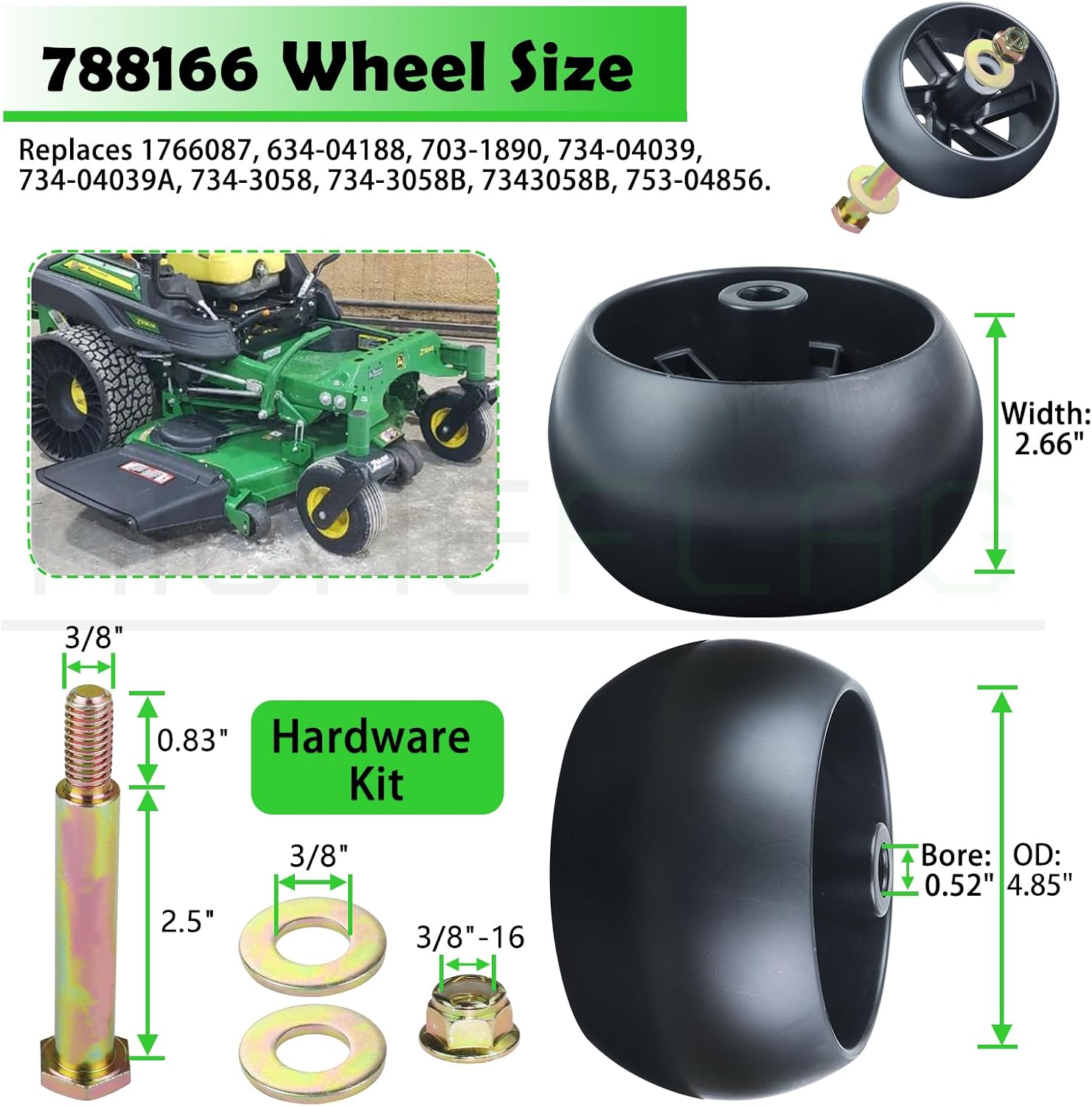 60 inch Deck Rebuild Kit for Hustler Raptor SD 935841 934778 935916 938696 937888 Includes 3x607418 Spindle Assembly 3x604704 Pulley 1x604711 Belt (5/8x154) 3x788166 Wheel 3x793794 Blades