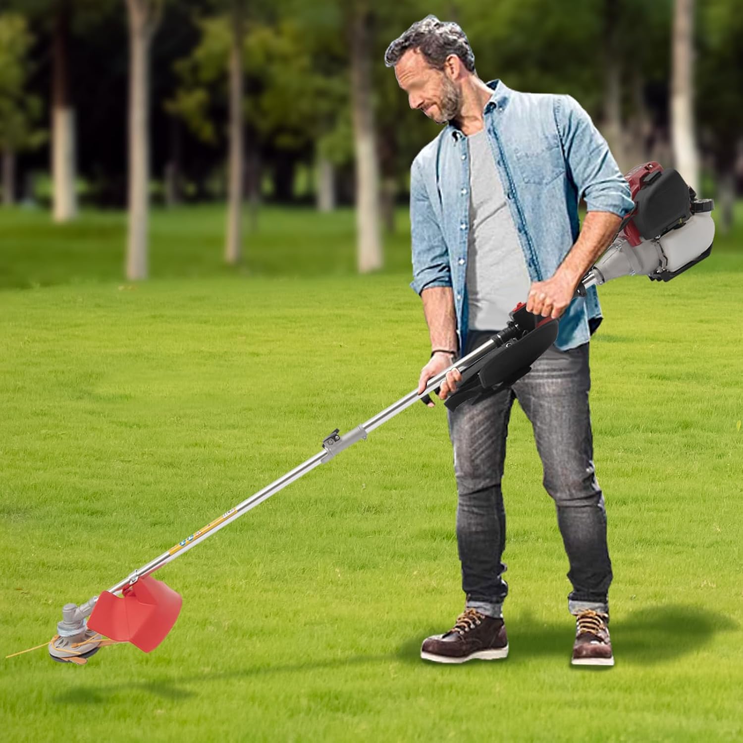 4-Stroke Weed Wacker, 35.88CC 0.75KW 8500R/Min 650ML Gas Powered Brush Cutter Garden Mower Grass Harvesting Trimmer Weeding Machine for Home Lawn Mowing, Orchard Mowing (Red)
