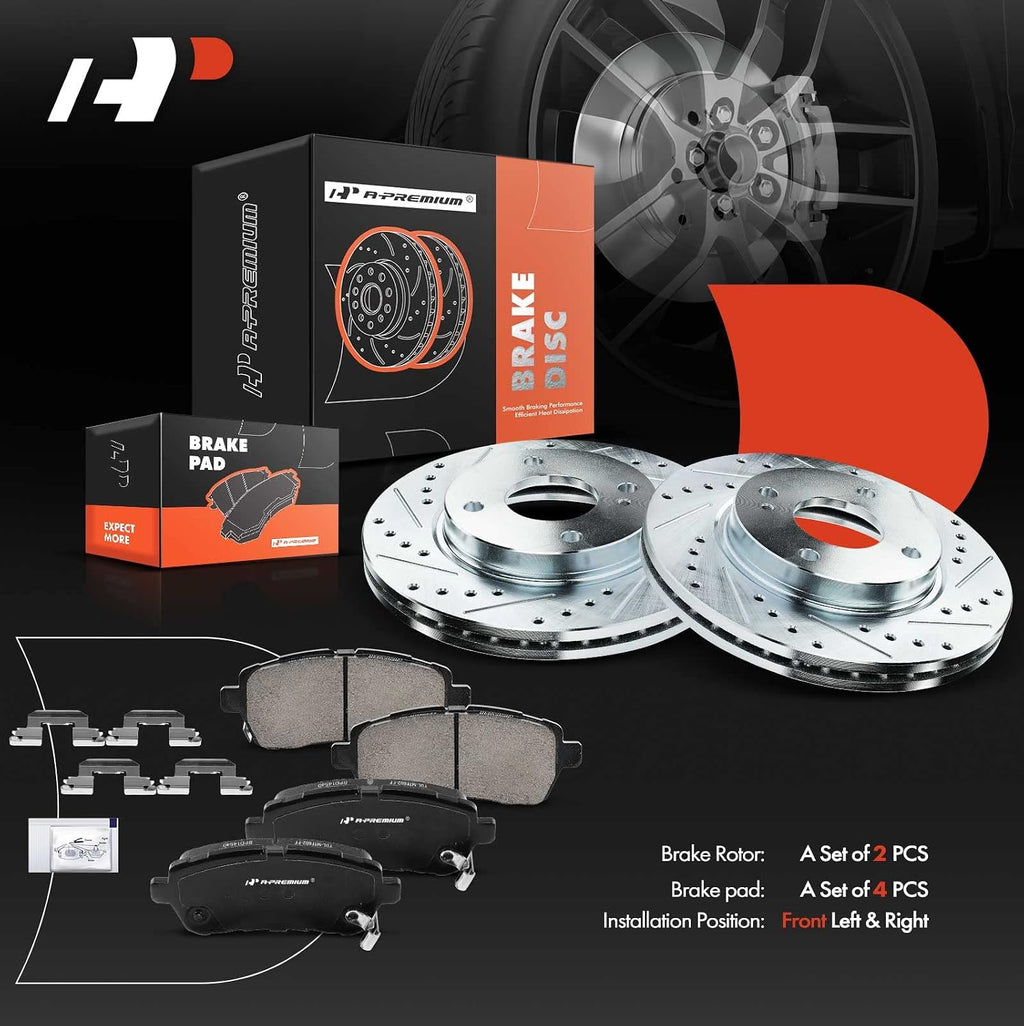 A-Premium 10.16 inch (257.9mm) Front Drilled and Slotted Disc Brake Rotors + Ceramic Pads Kit Compatible with Select Ford Models - Fiesta 2011-2019, 6-PC Set