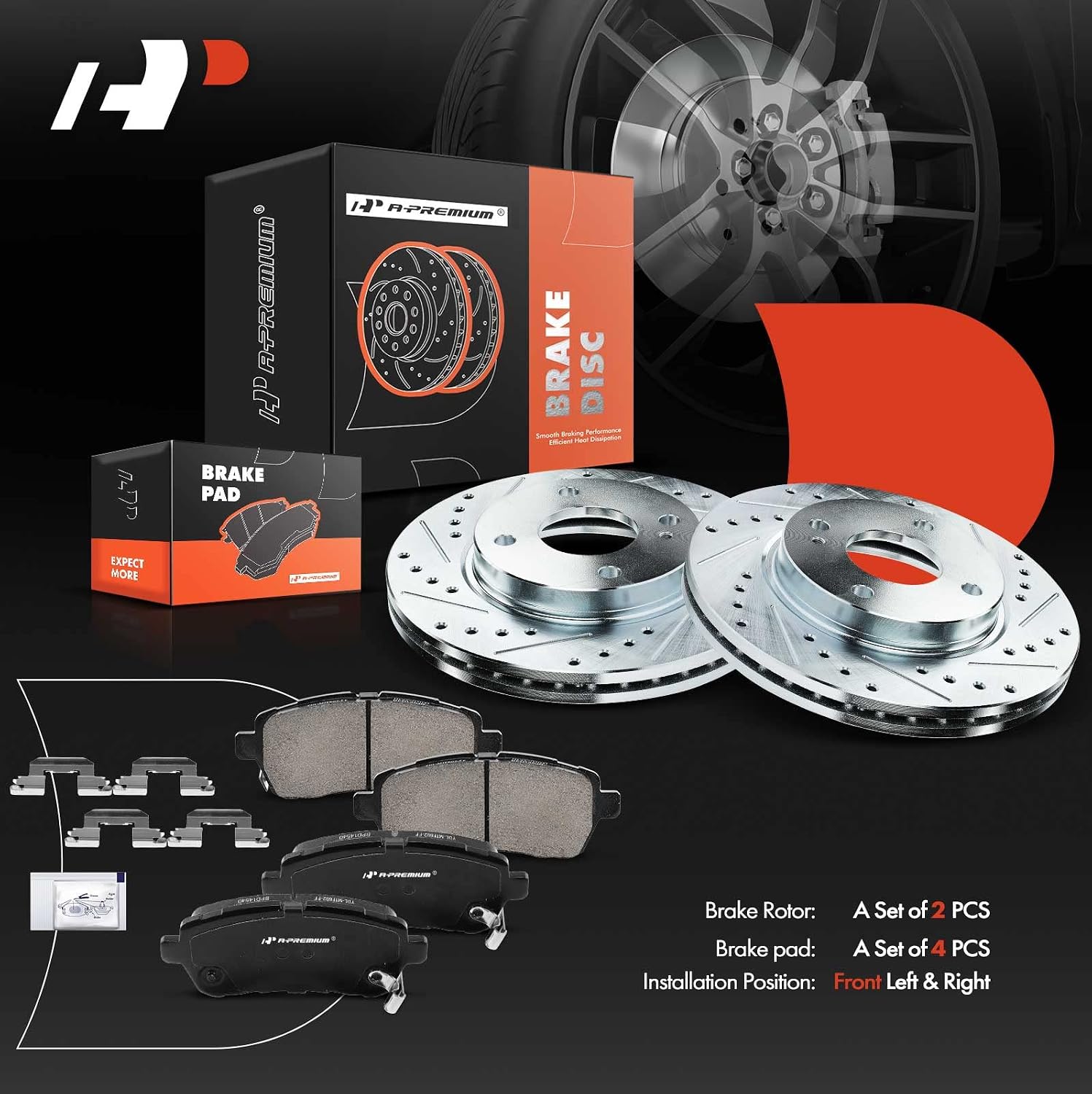A-Premium 10.16 inch (257.9mm) Front Drilled and Slotted Disc Brake Rotors + Ceramic Pads Kit Compatible with Select Ford Models - Fiesta 2011-2019, 6-PC Set
