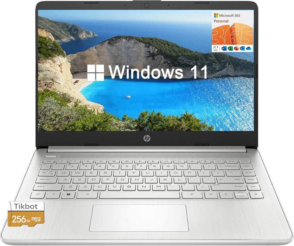 HP Stream 14' HD BrightView Laptop, Intel Celeron N4120, 16GB RAM, 128GB eMMC + 256GB SD Card Storage, Intel UHD Graphics, HD Webcam, 1 Year Office 365, Bluetooth, WiFi, HDMI, Win 11s, Silver