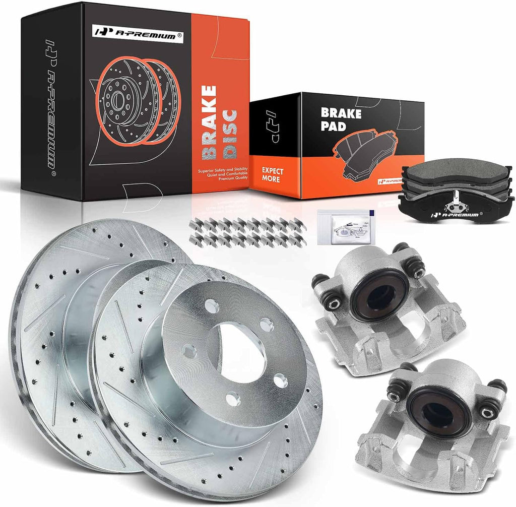 A-Premium Front Drilled and Slotted Disc Brake Rotors and Ceramic Pads Kit with Calipers Compatible with Jeep Cherokee 1999-2001 Wrangler TJ 1999-2006 2.4L 2.5L 4.0L 8-PC Set