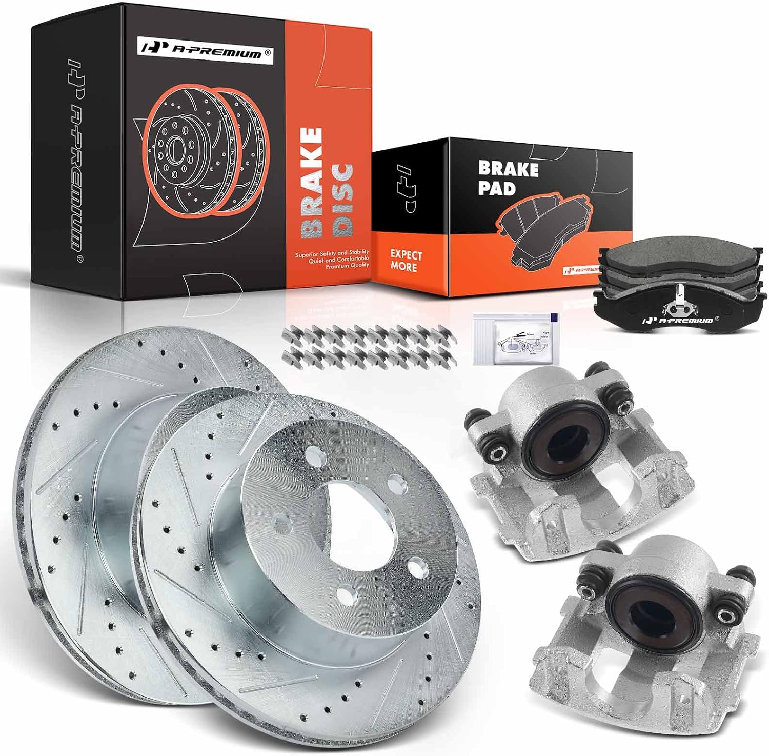 A-Premium Front Drilled and Slotted Disc Brake Rotors and Ceramic Pads Kit with Calipers Compatible with Jeep Cherokee 1999-2001 Wrangler TJ 1999-2006 2.4L 2.5L 4.0L 8-PC Set