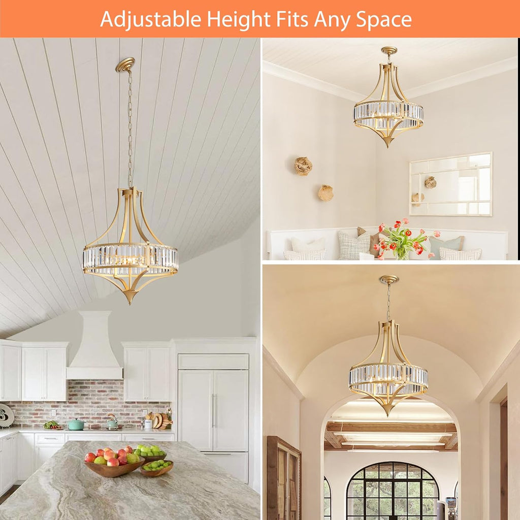 Crystal Chandeliers for Dining Room 21.6' Rustic Farmhouse Chandelier with Round Metal Shade 6-Light Large Gold Dining Room Light Fixture for Kitchen, Hallway, Bedroom, Foyer