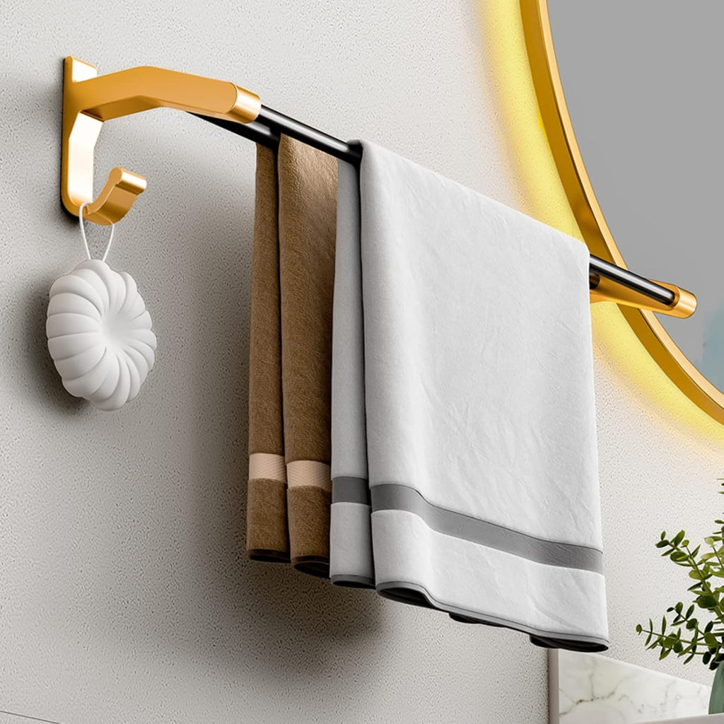 Towel Rack No Drilling Towel Holder with Hook Towel Shelf Adhesive Double Bar Wall Mounted Space Aluminum for Bathroom Kitchen,Gold,60cm Bathroom (Gold 60cm)