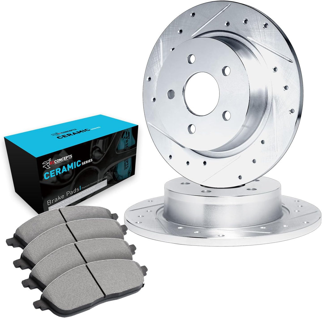 R1 Concepts Rear Brake Kit Fits 2019-2024 Honda Passport; 2016-2022 Honda Pilot; 2017-2024 Honda Ridgeline| Ceramic Brake Pads and Drilled Slotted Brake Rotors| 13.0' Rear