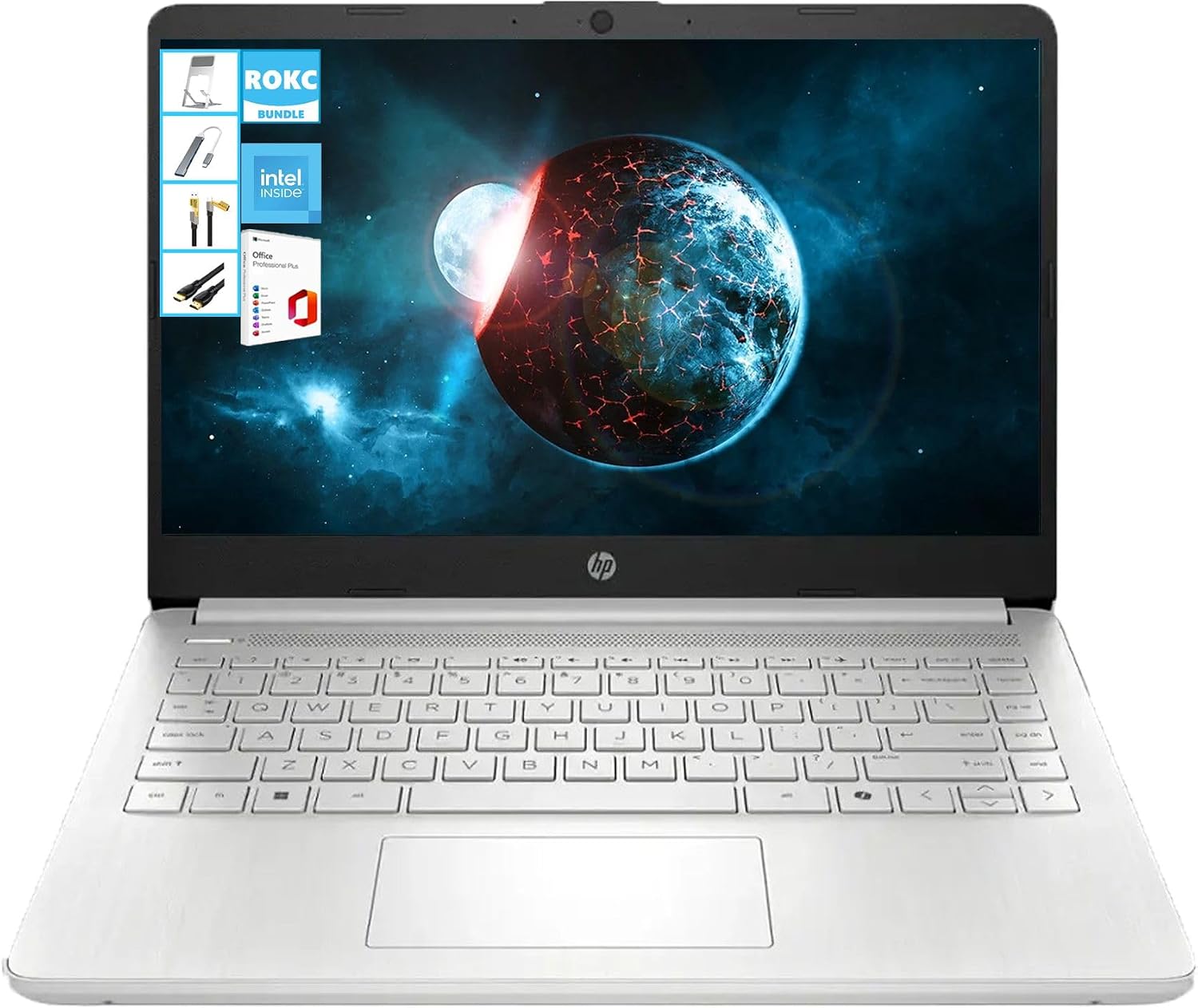 HP 14' HD Laptop with Microsoft Office and 1TB Cloud Storage (1-Year)| 16GB RAM| 128GB SSD| Intel 4-Core CPU (Beat i3-10110U)| Ultra Light| Webcam| Bluetooth| Wi-Fi| Windows 11| RK Bundle| Silver