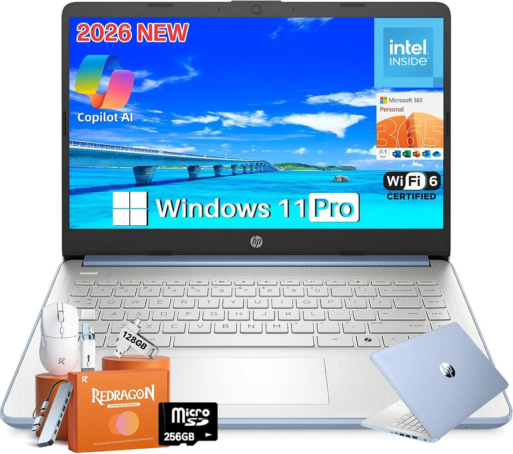 HP 2026 14 Laptop Computer Student Business, Copilot AI, Intel N150, 16GB RAM, 512 GB Storage(128GB UFS+256GB MSD+128GB UFD), 1-Year Office 365, WiFi 6, Ultra Light, Portable, Windows 11 Pro, Sky Blue
