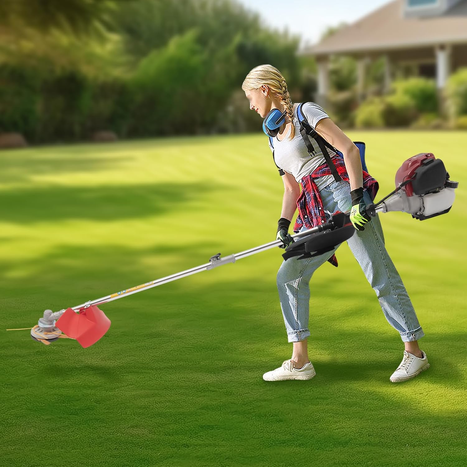 Gas Weed Wacker, 750W 35.88CC 4-Stroke Gasoline Weed Eater 8500RPM High Speed Lawn Mower with 2 Blade Heads, Portable Single-Cylinder Brush Cutter Grass Trimmer Tool for Home Garden Lawn Mowing