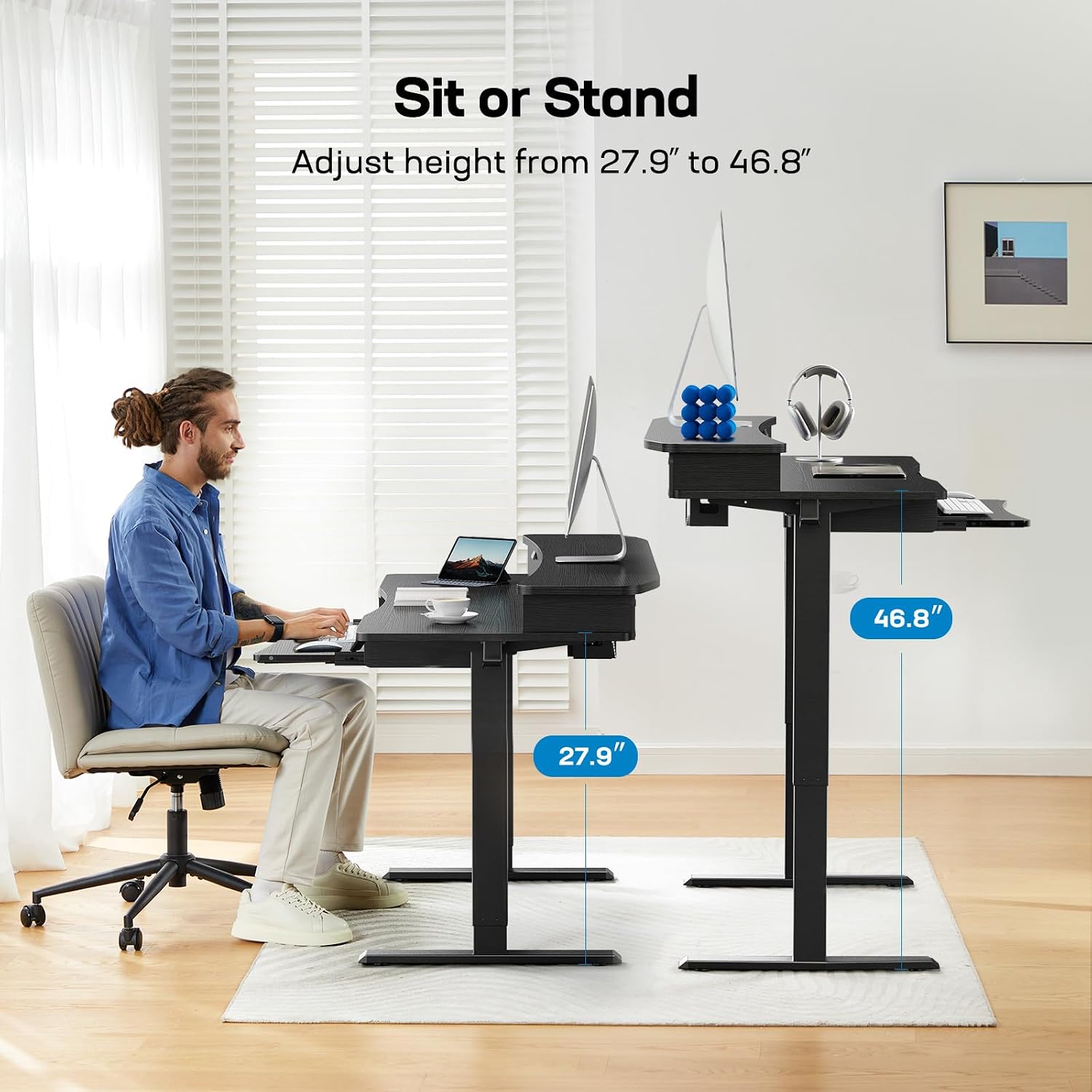 HUANUO 48' x 26' Electric Standing Desk with 2 Drawers & 26.7' Large Keyboard Tray, C-Clamp Mount Compatible, Adjustable Computer Desk for Home Office, Stand Up Desk with 4 Height Presets, Black