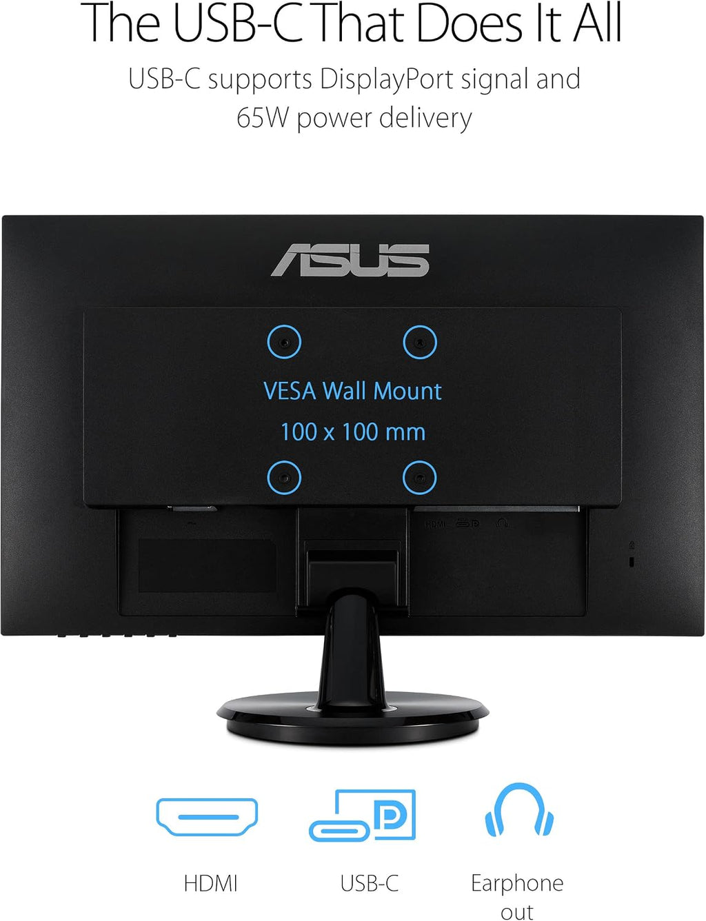 ASUS 27' 1080P Monitor (VA27DCP) - Full HD, IPS, 75Hz, USB-C 65W Power Delivery, Speakers, Adaptive-Sync/FreeSync, Eye Care, Low Blue Light, Flicker Free, VESA Mountable, Frameless, HDMI