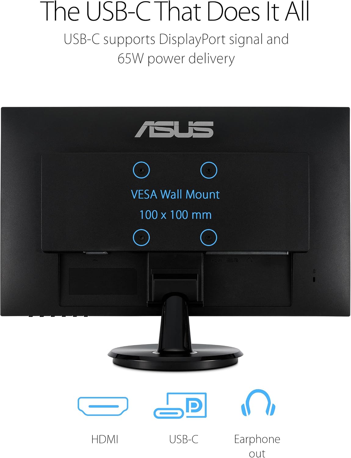 ASUS 27' 1080P Monitor (VA27DCP) - Full HD, IPS, 75Hz, USB-C 65W Power Delivery, Speakers, Adaptive-Sync/FreeSync, Eye Care, Low Blue Light, Flicker Free, VESA Mountable, Frameless, HDMI