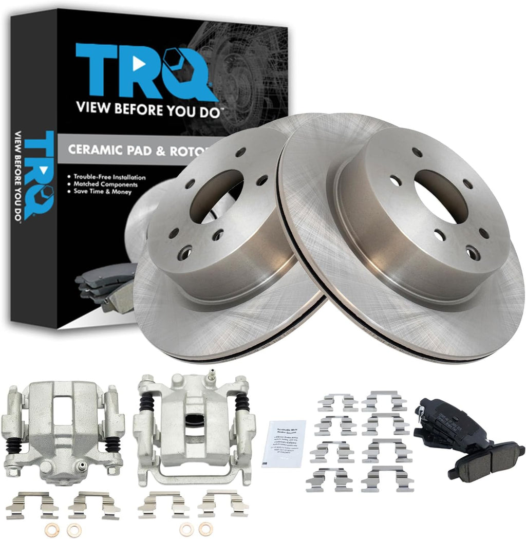 TRQ Rear Brake Pad and Rotor Set Ceramic Vented Rotors Calipers Compatible with 2005-2007 Infiniti G35 2006-2009 M35 M45 2006-2009 Nissan 350Z