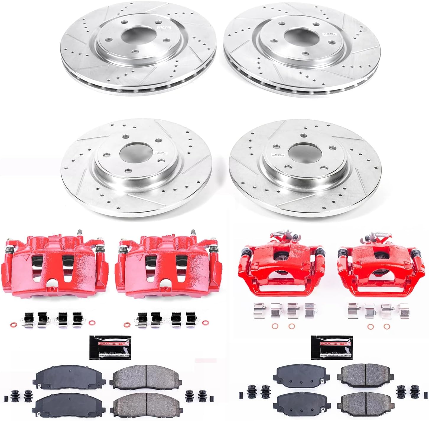 PowerStop Front and Rear Brake Kit for Chrysler Town & Country 2012-16 |Dodge Grand Caravan 2012-20 - Carbon-Fiber Ceramic Brake Pads + Drilled & Slotted Rotors + Red Powder Coated Calipers, KC5960