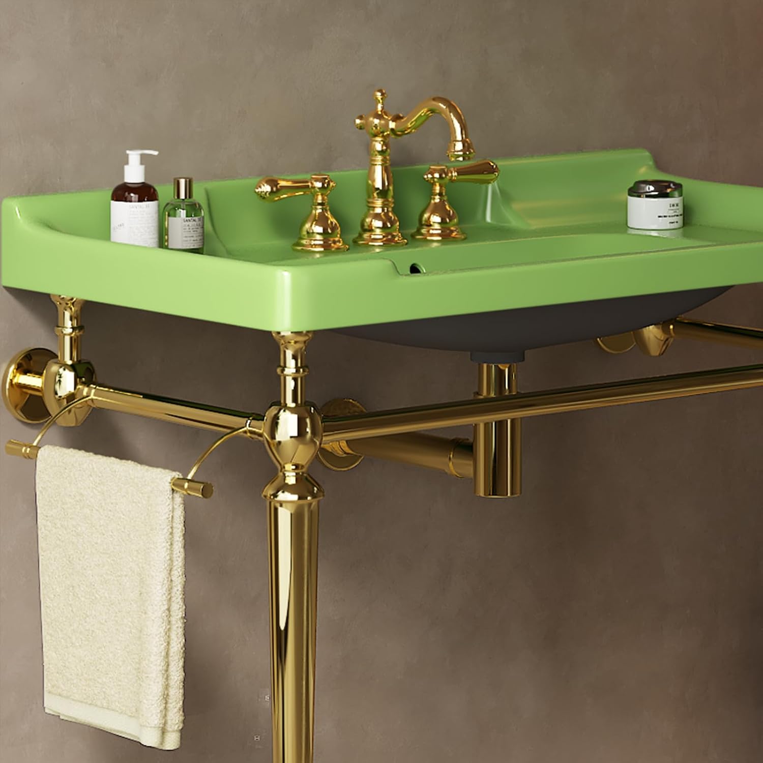 36'' Console Bathroom Sink, Freestanding Console Sink With Stainless Brushed Gold Legs, Modern Bathroom Sink Vanity with 3 Tap Holes and Pop Up Drain, Green