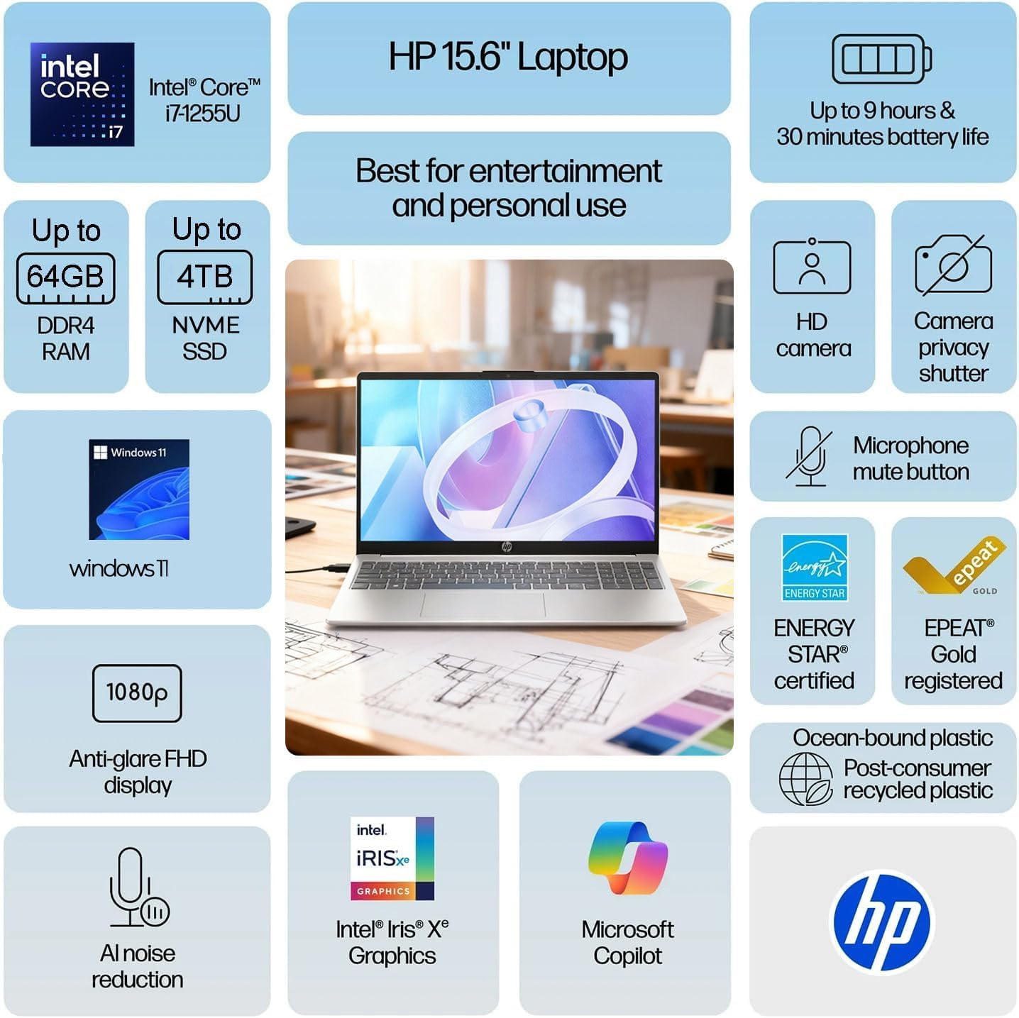 HP Newly Designed Business Laptop | 10 Cores Intel Core i7-1255U CPU up to 4.7GHz | 15.6' FHD | 16GB RAM | 512GB SSD | Wi-Fi 6 | Win11 with Microsoft Office | WOWPC Recovery USB