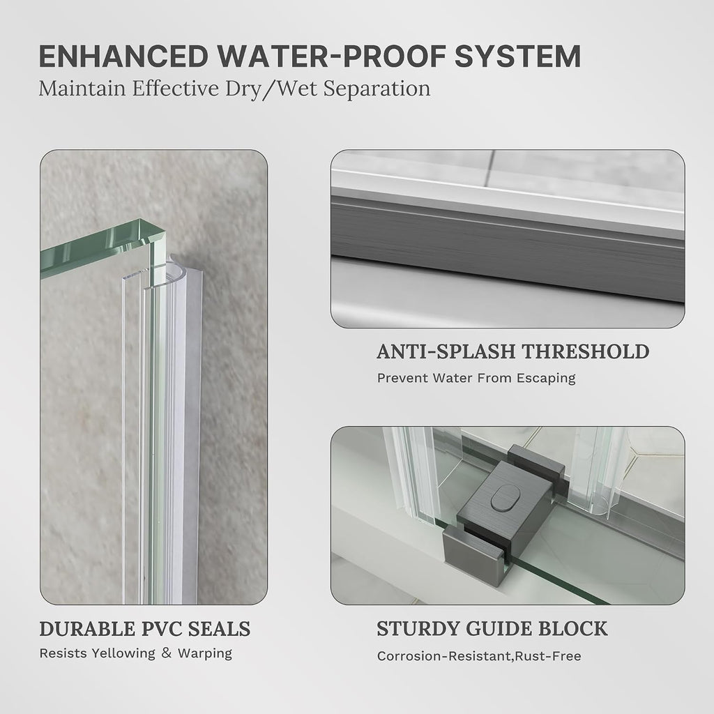 Frameless Double Sliding Shower Door, 44-49' W x 76' H, 3/8' (10mm) SGCC Certified Clear Tempered Glass, Width Adjustable, Square Guide Bar, Double Towel Bars, Stainless Steel Hardware, Gunmetal