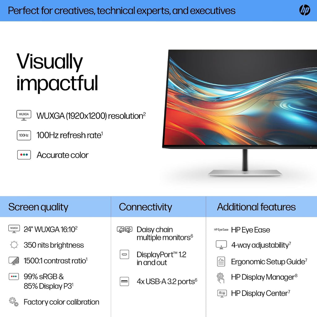 HP Series 7 Pro 24 Inch WUXGA Desktop Monitor 724pn 100Hz IPS 16:10 350 nits Anti-Glare Height Adjustable Tilt Swivel Pivot VESA Mountable HDMI USB Hub DisplayPort 5ms Black/Silver 8X534AA (Renewed)