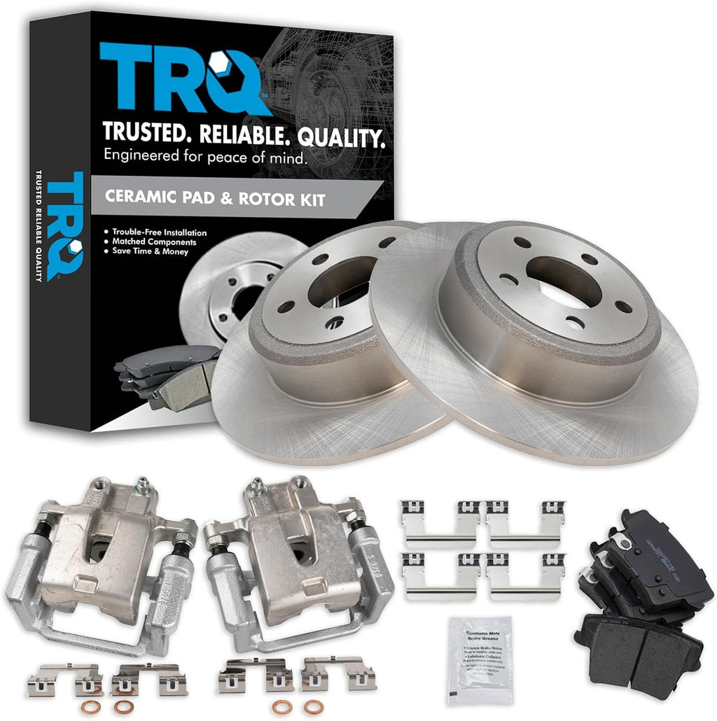 TRQ Rear Brake Pad and Rotor Set Ceramic Solid Rotors Calipers Compatible with 2005-2018 Chrysler 300 2009-2016 Dodge Challenger 2006-2016 Charger 2005-2008 Magnum