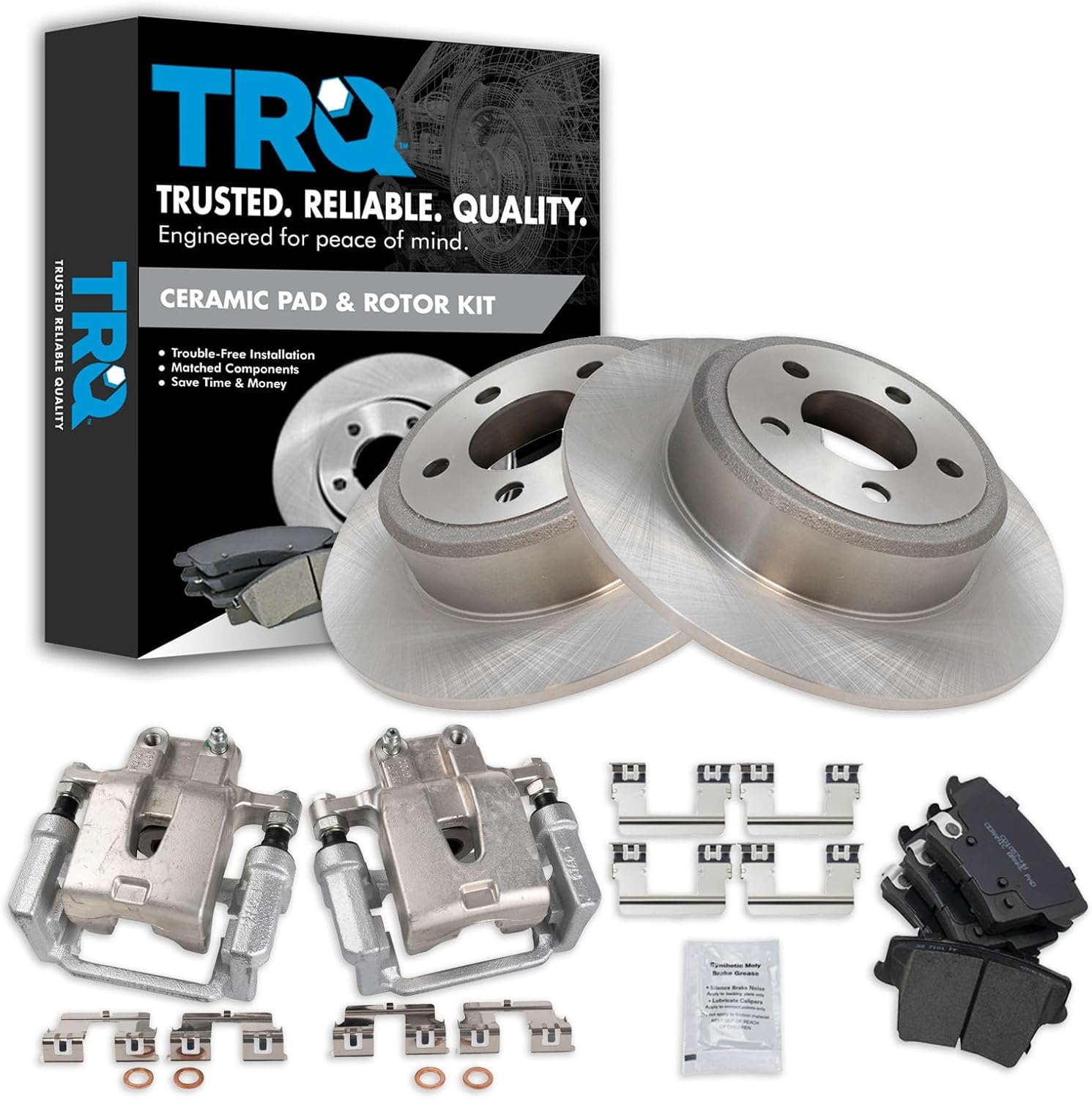 TRQ Rear Brake Pad and Rotor Set Ceramic Solid Rotors Calipers Compatible with 2005-2018 Chrysler 300 2009-2016 Dodge Challenger 2006-2016 Charger 2005-2008 Magnum