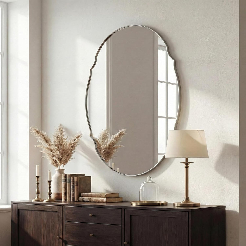 ANDY STAR Large Brushed Nickel Oval Scalloped Mirror 30x40, Silver Oval Bathroom Mirror for Wall, Stainless Steel Framed Mirror for Master Vanity, Entryway, Hallway, Rust-Resistant