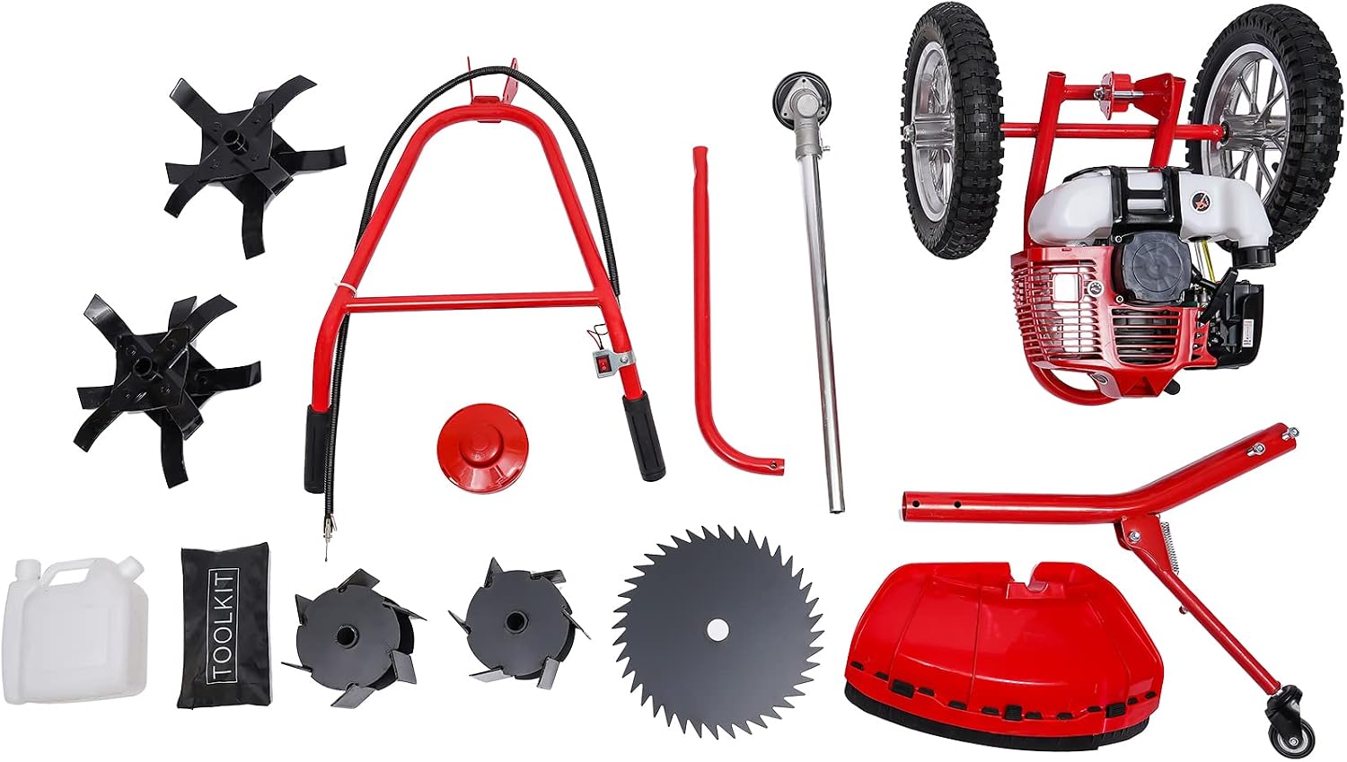 49CC Gas Lawn Mower, 2-Stroke Walk Behind Push Lawn Mower Trimmer, Eater Brush Cutter with Wheels Height Adjustable Grass Pruning Shears Mower Weed for Home Garden Yard