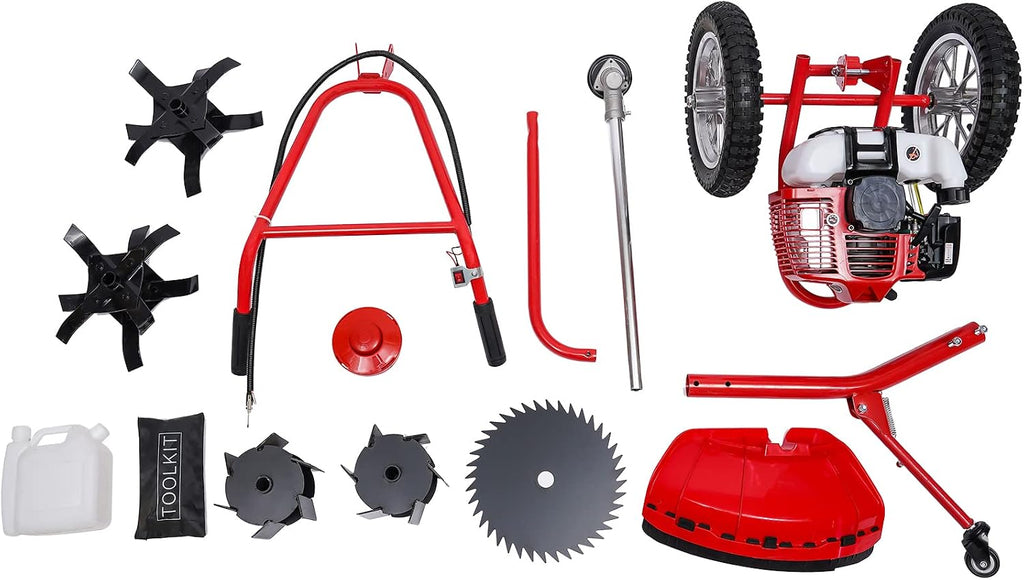 Walk Behind Brush Cutter 49CC 2-Stroke Gas Powered, Push Power Lawn Mower & Grass Trimmer for Heavy Duty, Multi-Function String Trimmer with Wheels for Yard Garden Maintenance
