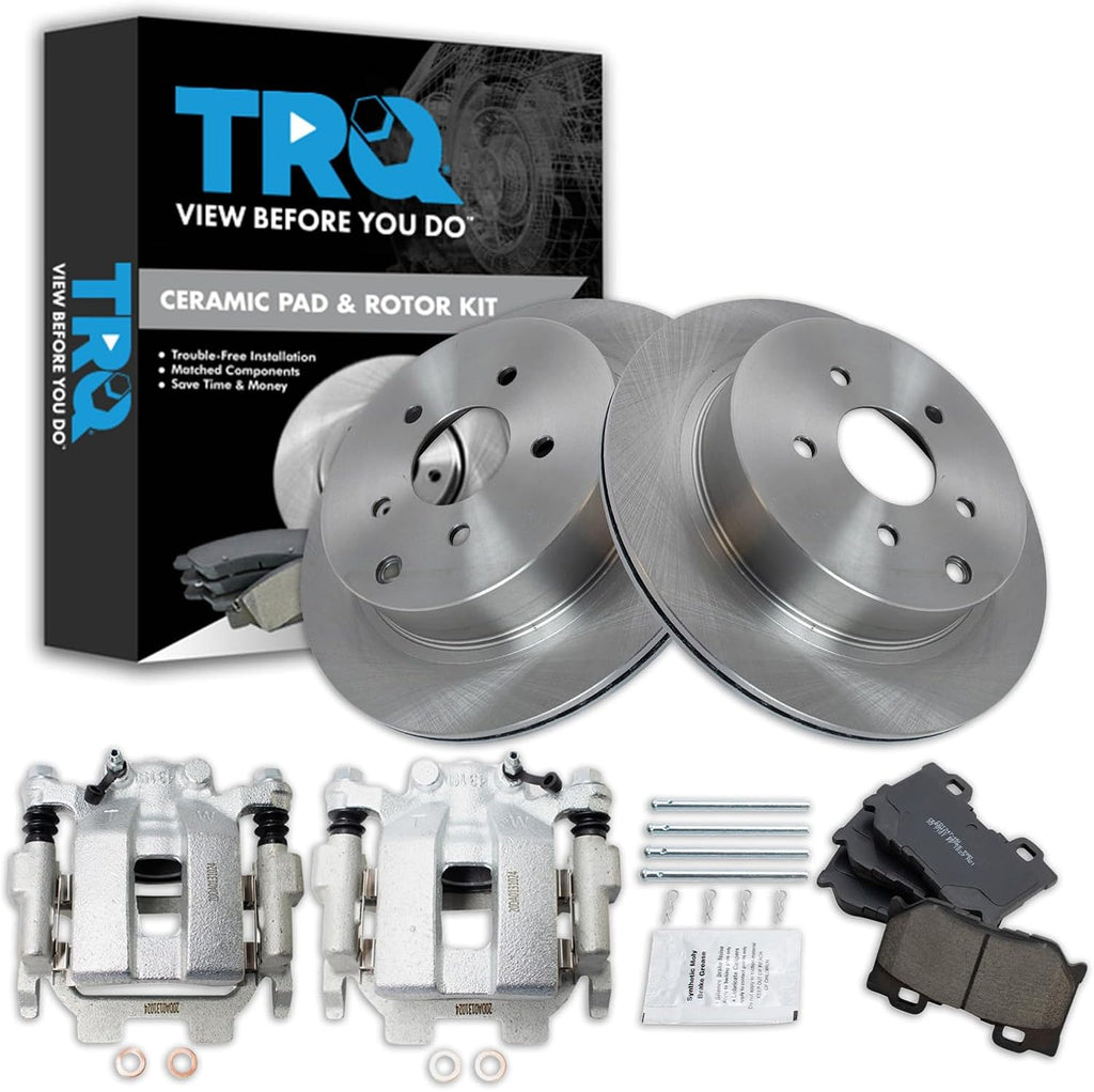 TRQ Rear Brake Pad and Rotor Set Ceramic Rotors Calipers Compatible with 2011-2013 Infiniti M37 M56 2014-2019 Q50 2017-2018 Q60 2014-2017 Q70 2016-2018 Q70L