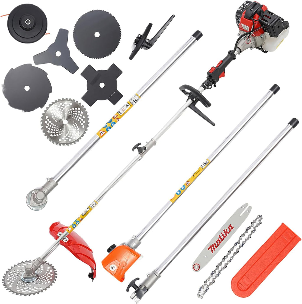 Weed Eater Gas Powered, 52CC 2-Stroke 10 in 1 Gas Brush Cutter Weed Wacker Multi-Functional Grass Strimmer Petrol Hedge Trimmer Straight Shaft Lawn Mower for Garden Yard