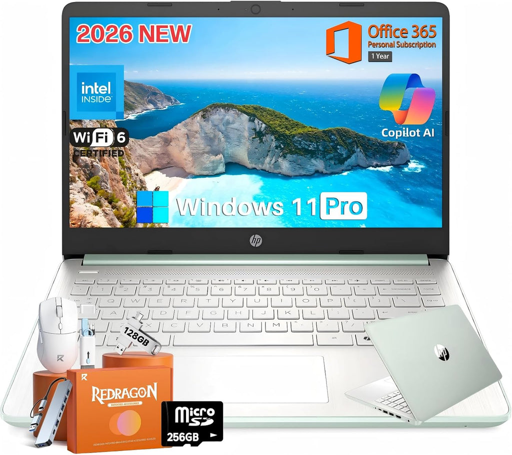 HP 2026 14' Laptop Computer with Copilot AI, Intel N150, 16 GB RAM, 512 GB Storage(128GB UFS+256GB MSD+128GB UFD), 1-Year Office 365, WiFi 6, Ultra Light, Portable, Windows 11 Pro, Willow Green