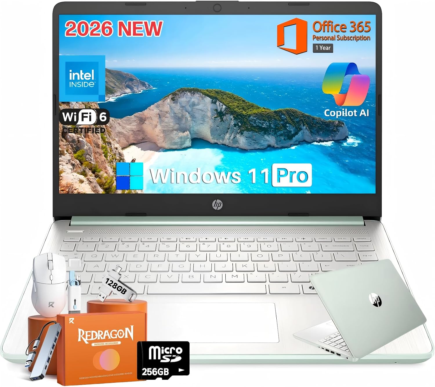 HP 2026 14' Laptop Computer with Copilot AI, Intel N150, 16 GB RAM, 512 GB Storage(128GB UFS+256GB MSD+128GB UFD), 1-Year Office 365, WiFi 6, Ultra Light, Portable, Windows 11 Pro, Willow Green