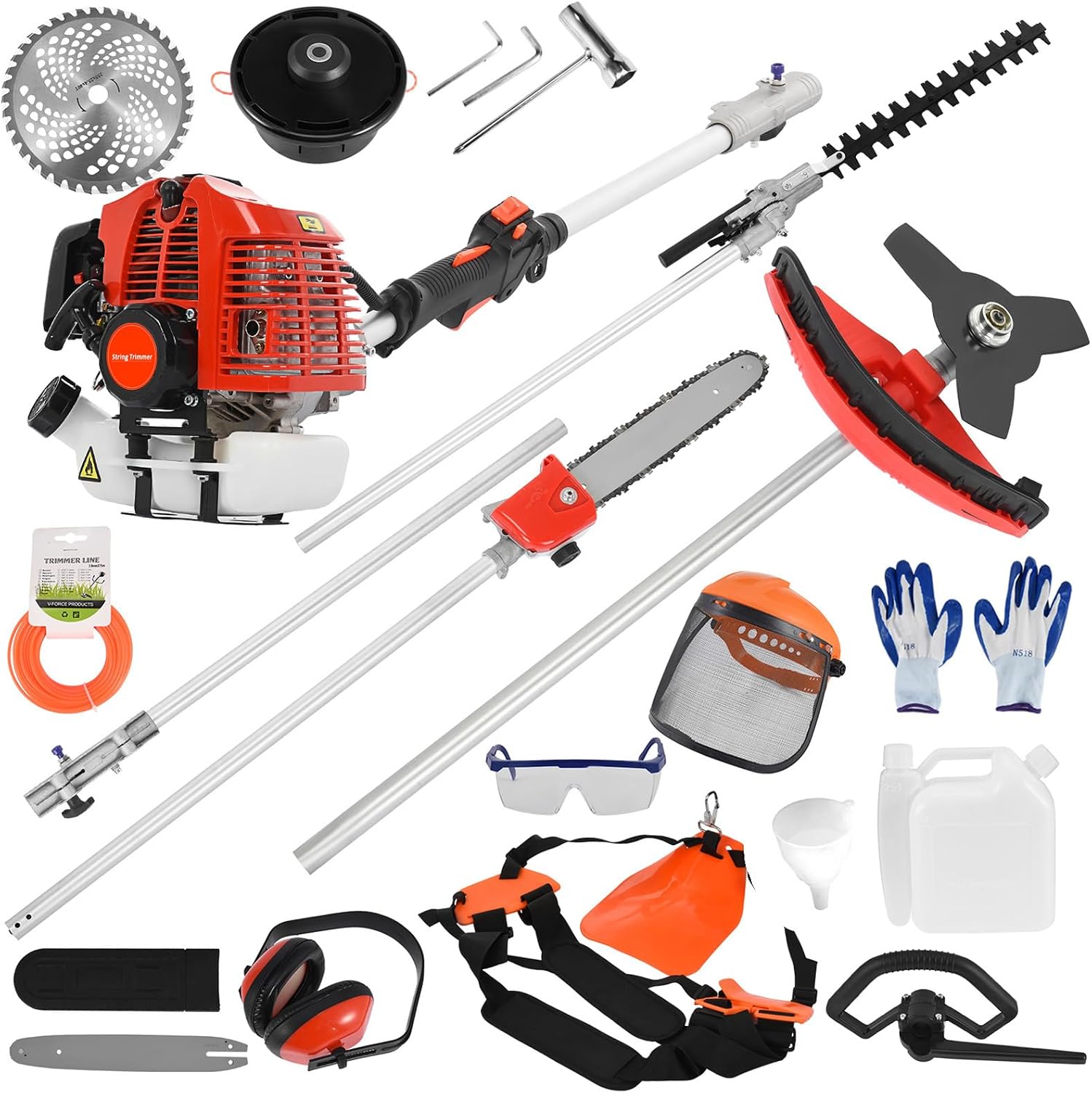 Lawn Mower, 5 in 1 Weed Eater Strong Powerful Full Functioning Guard Accessories Hedge Trimmer 52cc Petrol Hedge Trimmer Chainsaw Brush Cutter (Red)