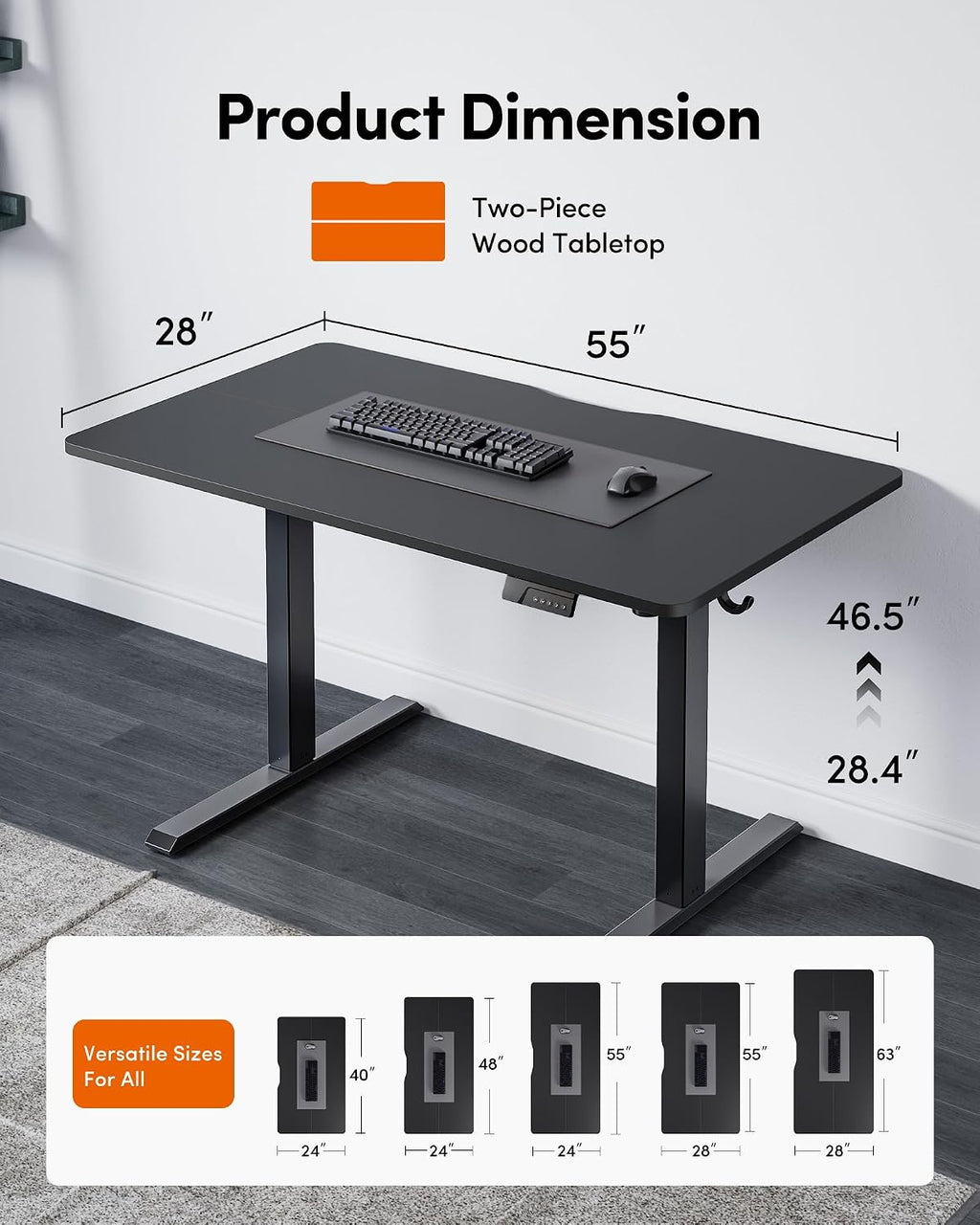 FEZIBO Standing Desk, 55×28 Inches Electric Height Adjustable, Sit Stand Up, Computer Office Desk with Splice Board, Black Frame/Black TOP