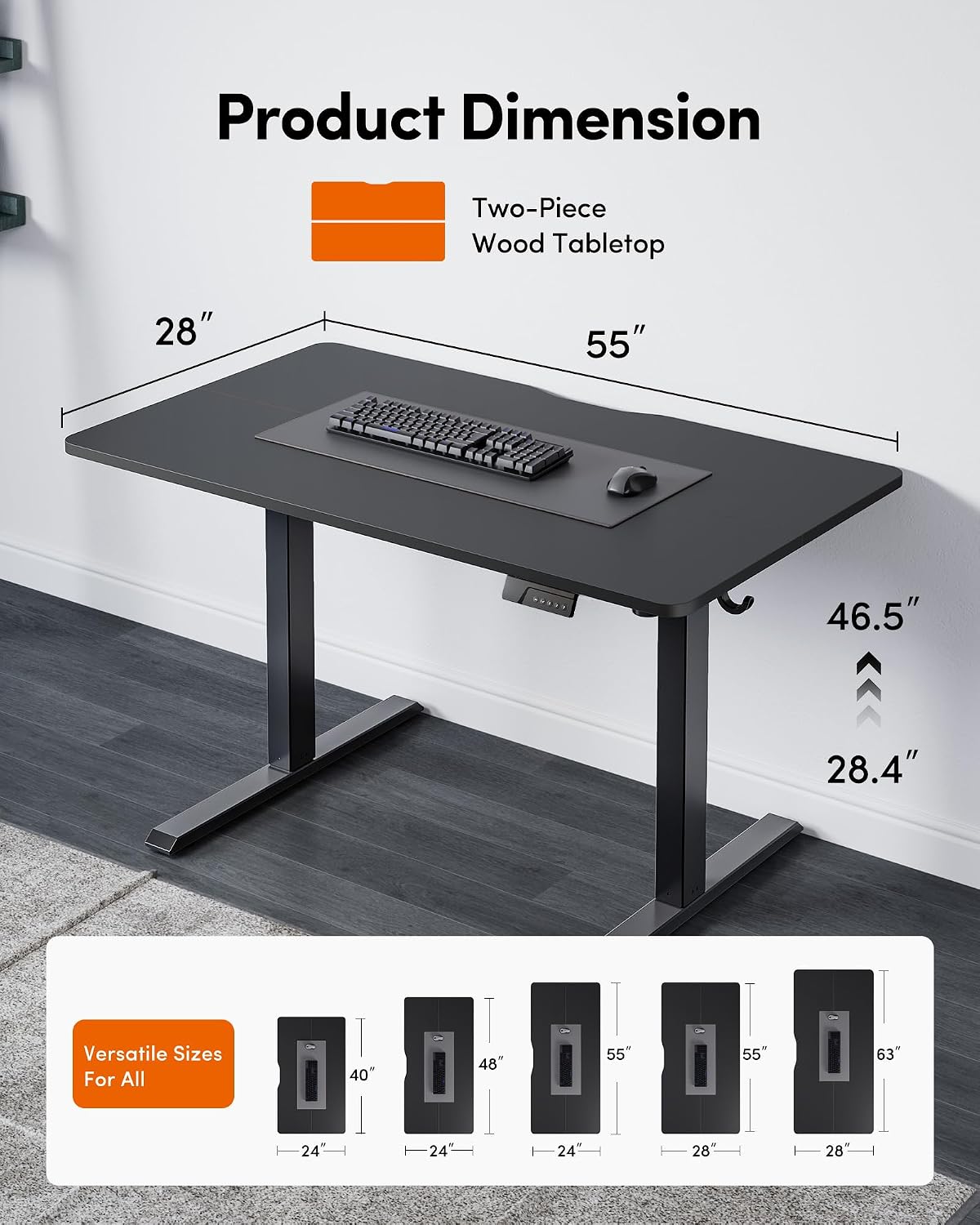 FEZIBO Standing Desk, 55×28 Inches Electric Height Adjustable, Sit Stand Up, Computer Office Desk with Splice Board, Black Frame/Black TOP