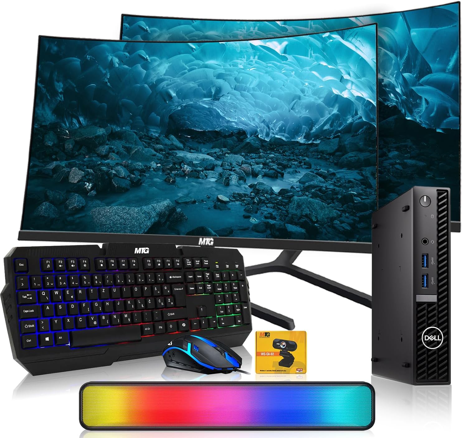 Dell Optiplex Tiny Mini Desktop PC, Intel Core i5, 16GB RAM, 1TB SSD with Dual 24 inch Curved Monitor, AI Enabled RGB Keyboard Mouse, RGB Soundbar and Webcam Windows 11 Pro (Renewed)