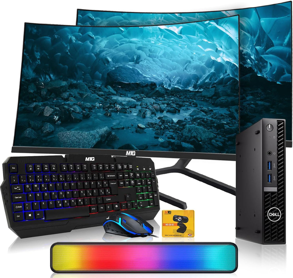 Dell Optiplex Tiny Mini Desktop PC, Core i5, 32GB RAM, 1TB SSD Dual with 24 inch Curved Monitor, AI Enabled RGB Keyboard Mouse, RGB Soundbar and Webcam Windows 11 Pro (Renewed)