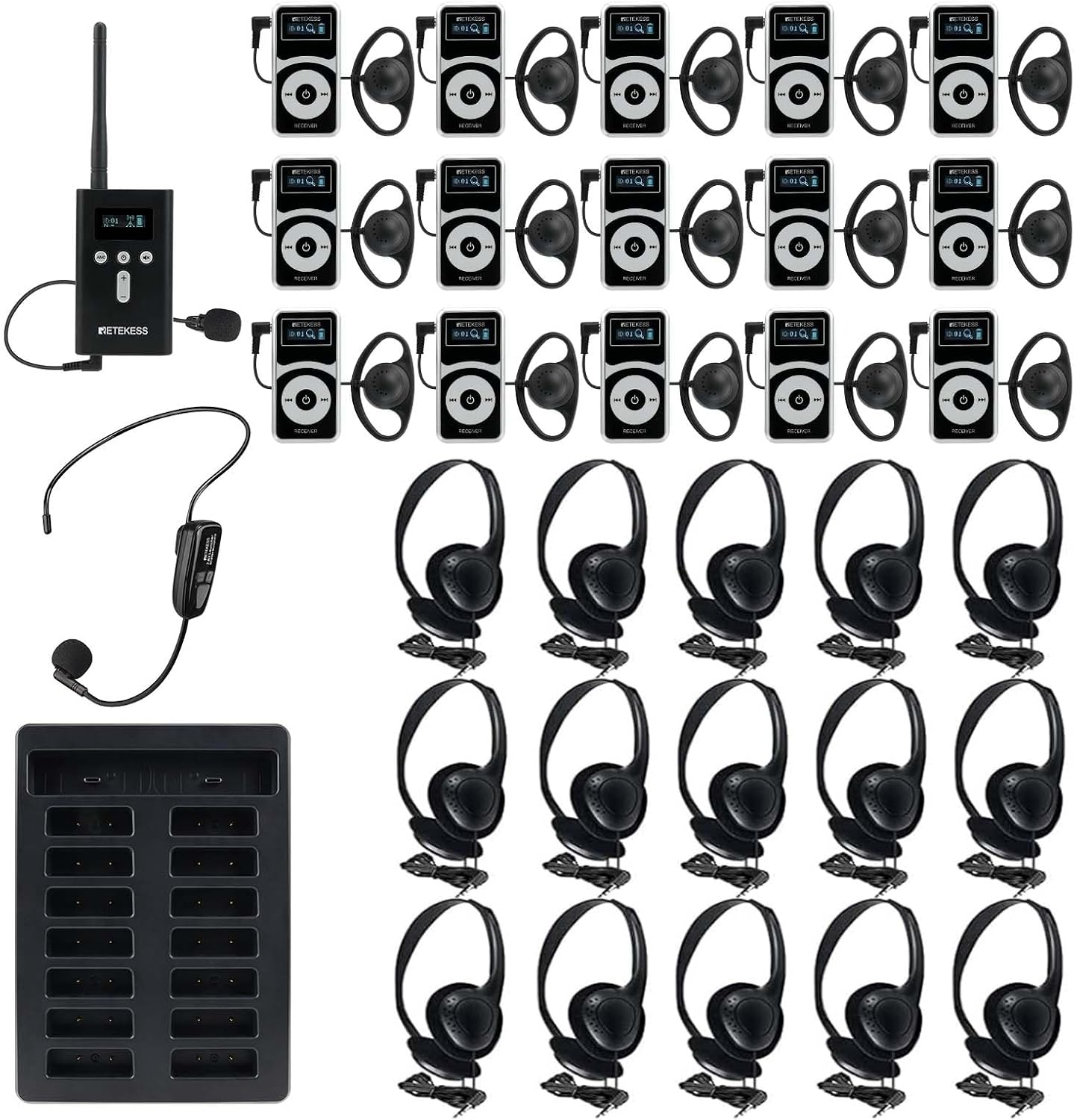 Retekess T130P Wireless Tour Guide System, Noise Reduction,328ft,Tour Guide Headsets with Over Ear Headphones for Factory (1 TX 15 RX)