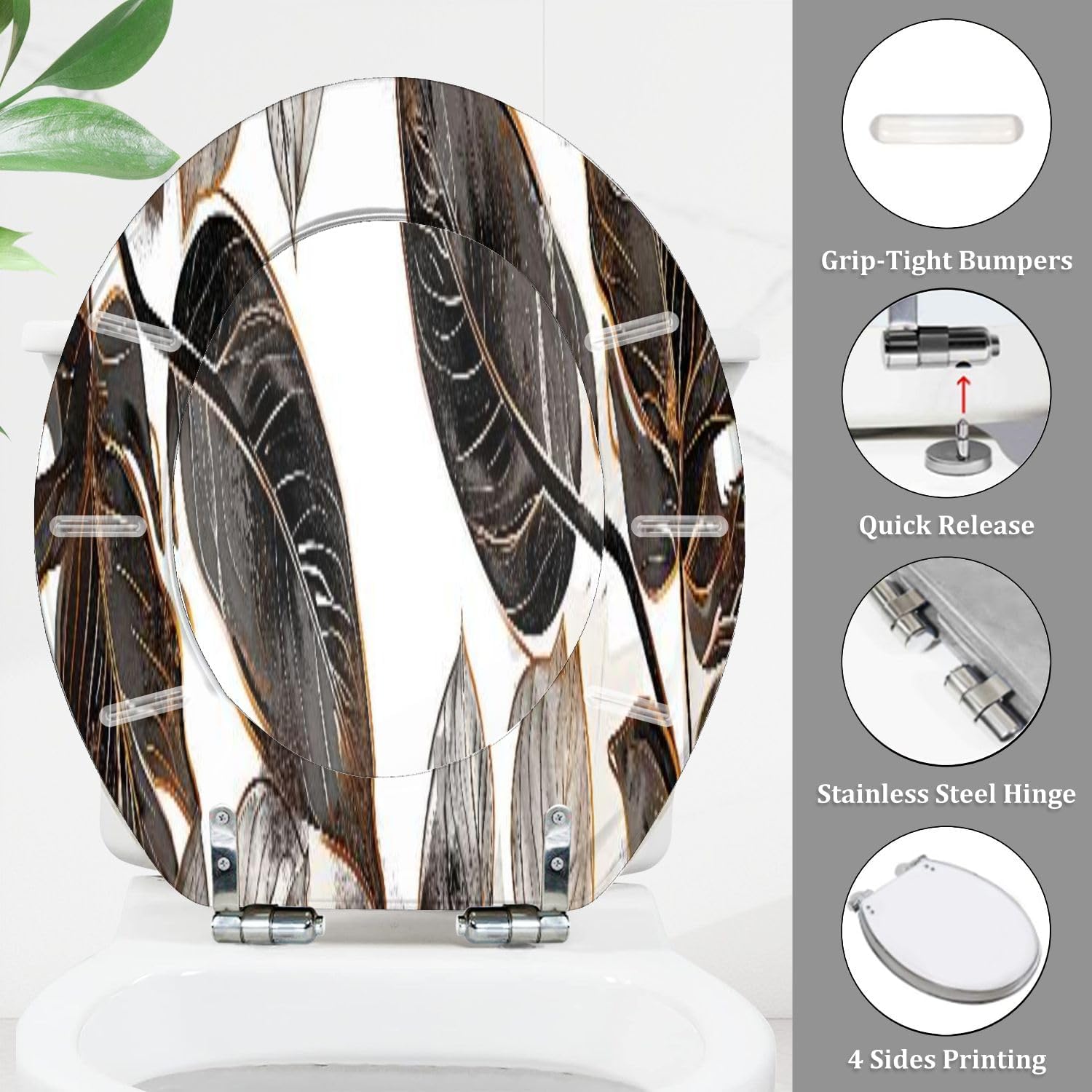 Round Toilet Seat Palm leaves gold black white marble artistic covers colorful texture Resin Toilet Seat Quietly Close Quick Release Hinges Decorative Toilet Seat with Cover Easy to Install