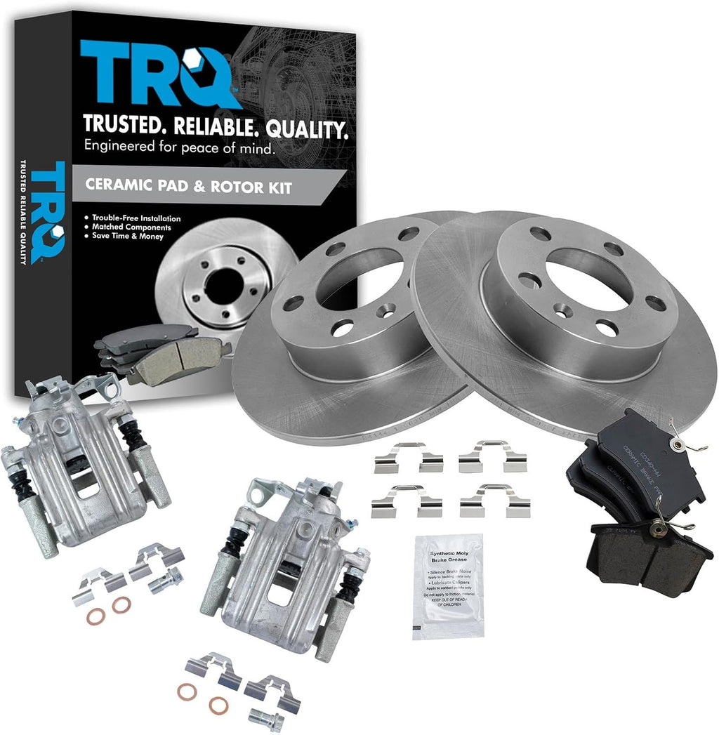 TRQ Rear Brake Pad and Rotor Set Ceramic Solid Rotors Calipers Compatible with 1999 Volkswagen Jetta