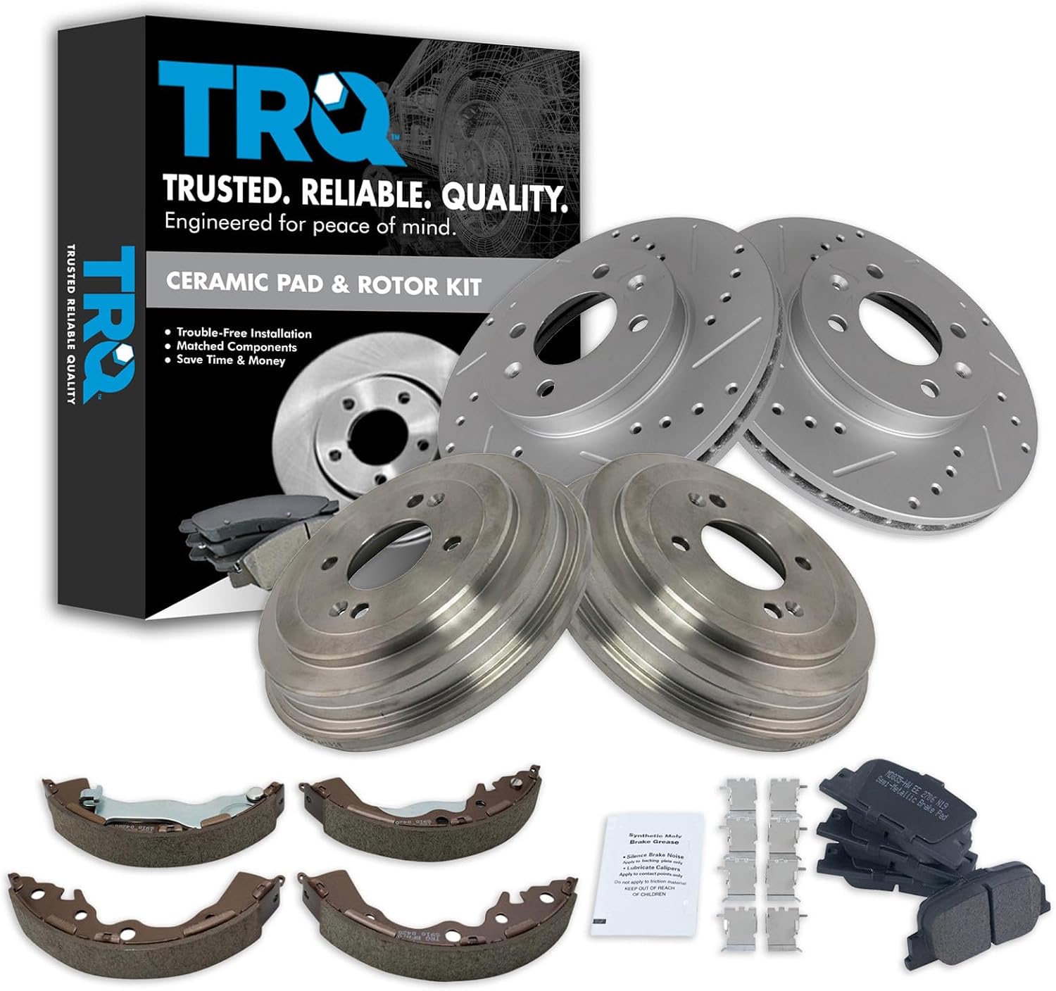 TRQ Front & Rear Brake Pad & Rotor,Shoe & Drum Kit Premium G-Coated Performance Slotted X Drilled Ceramic Compatible with 2006-2011 Kia Rio
