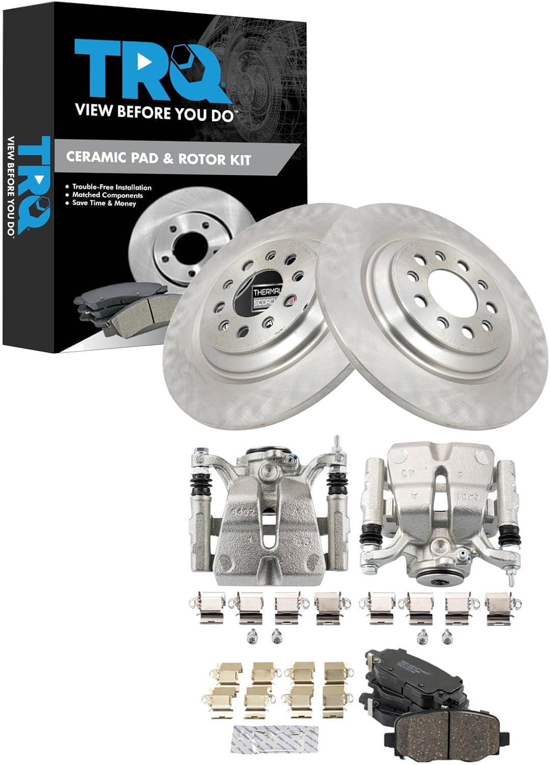 TRQ Rear Brake Pad and Rotor Set Ceramic Rotors Calipers Compatible with 2014-2020 Jeep Cherokee