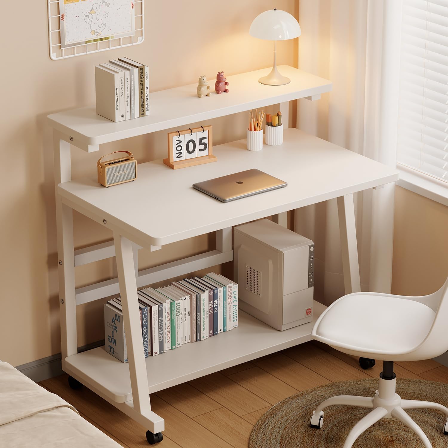Rolling Desk, 47.2 Inch Small Desks with 3-Layer Storage & Monitor Stand, Compact Home Office Desk, Portable Laptop Table with Wheels for Small Spaces, Mobile Rolling Computer Work Desks