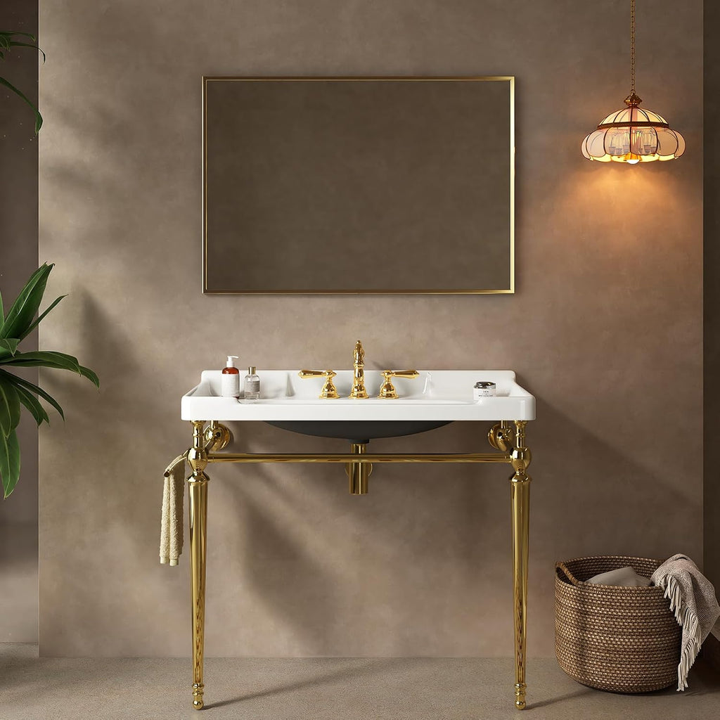 36'' Console Bathroom Sink, Freestanding Console Sink With Stainless Brushed Gold Legs, Modern Bathroom Sink Vanity with 3 Tap Holes and Pop Up Drain, White